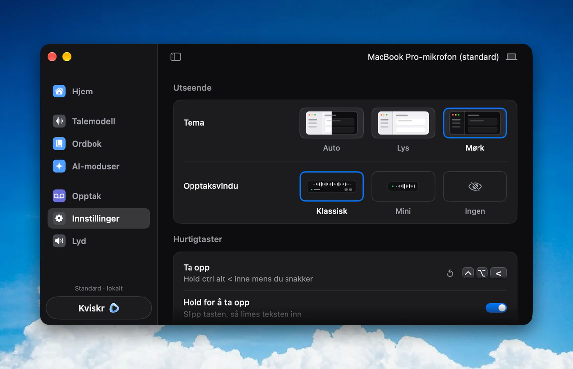 Kviskr's settings, in Norwegian: theme, the choice of recording window (Classic, Mini or None) and the shortcut you hold to record