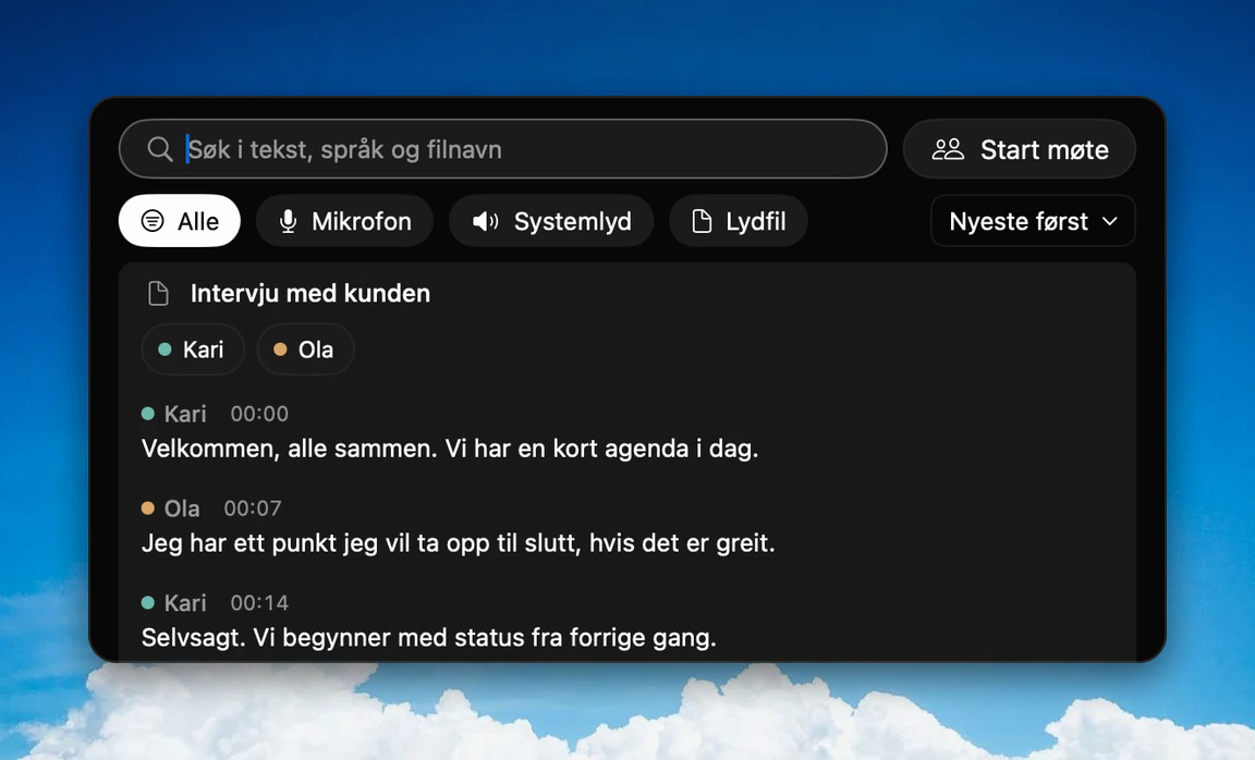 An imported audio file in Kviskr, in Norwegian, with sample data: «Intervju med kunden» (Interview with the client) with the speakers Kari and Ola, and each line with a name and a timestamp, such as Kari 00:00 and Ola 00:07