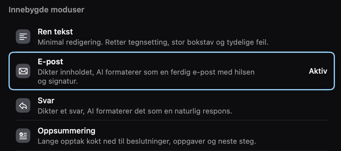 Listen over innebygde AI-moduser i Kviskr: Ren tekst, E-post, Svar og Oppsummering, der E-post er aktiv.