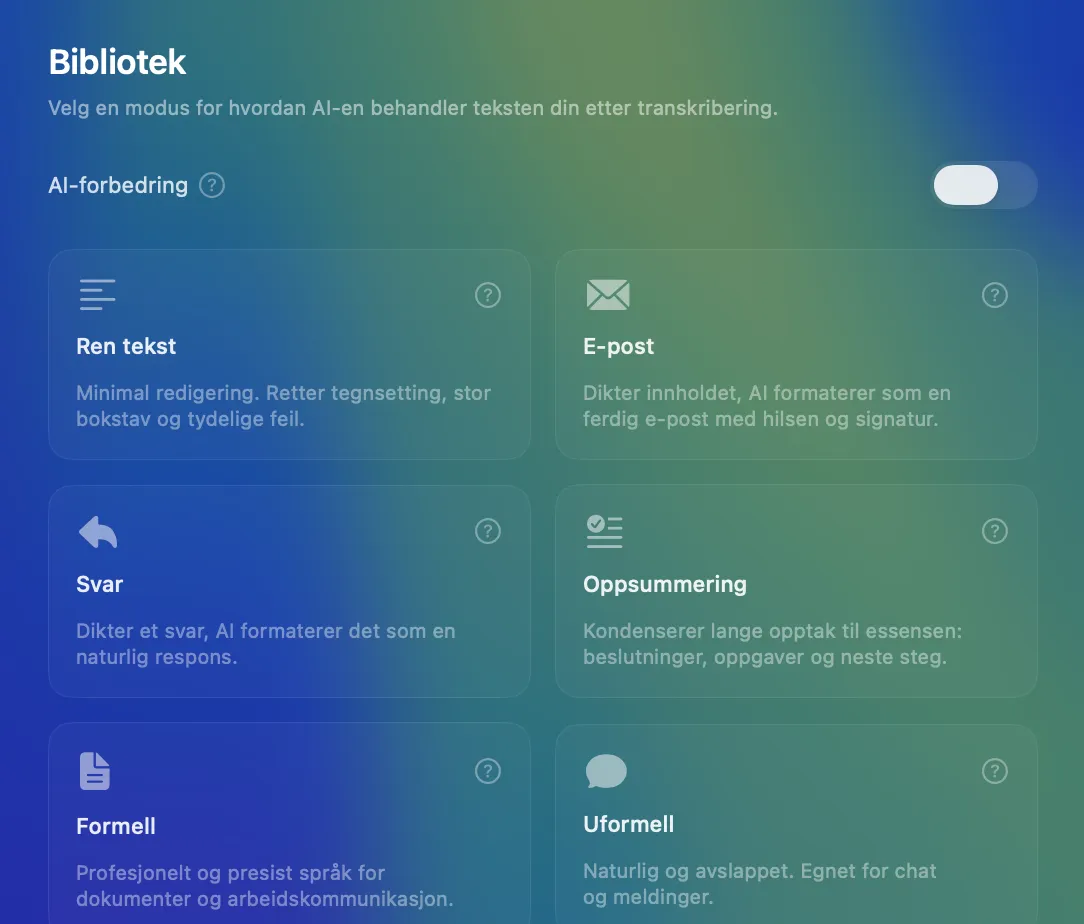 Kviskr AI-moduser bibliotek - ren tekst e-post formell uformell