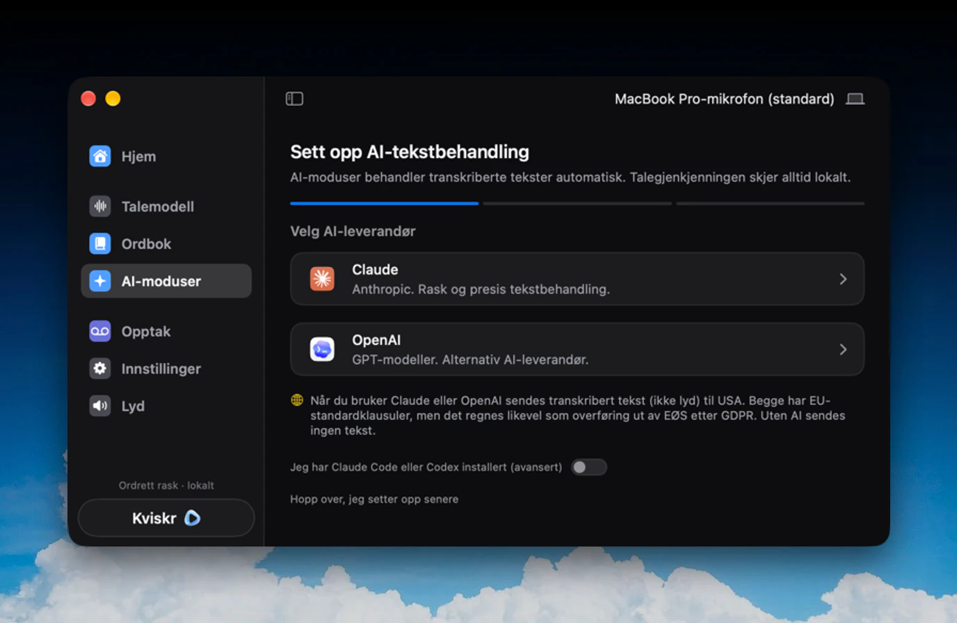 AI-moduser med oppsettet «Sett opp AI-tekstbehandling»: Velg AI-leverandør med Claude (Anthropic) og OpenAI, en merknad om at transkribert tekst sendes til USA, bryteren Jeg har Claude Code eller Codex installert (avansert) og lenken Hopp over, jeg setter opp senere.