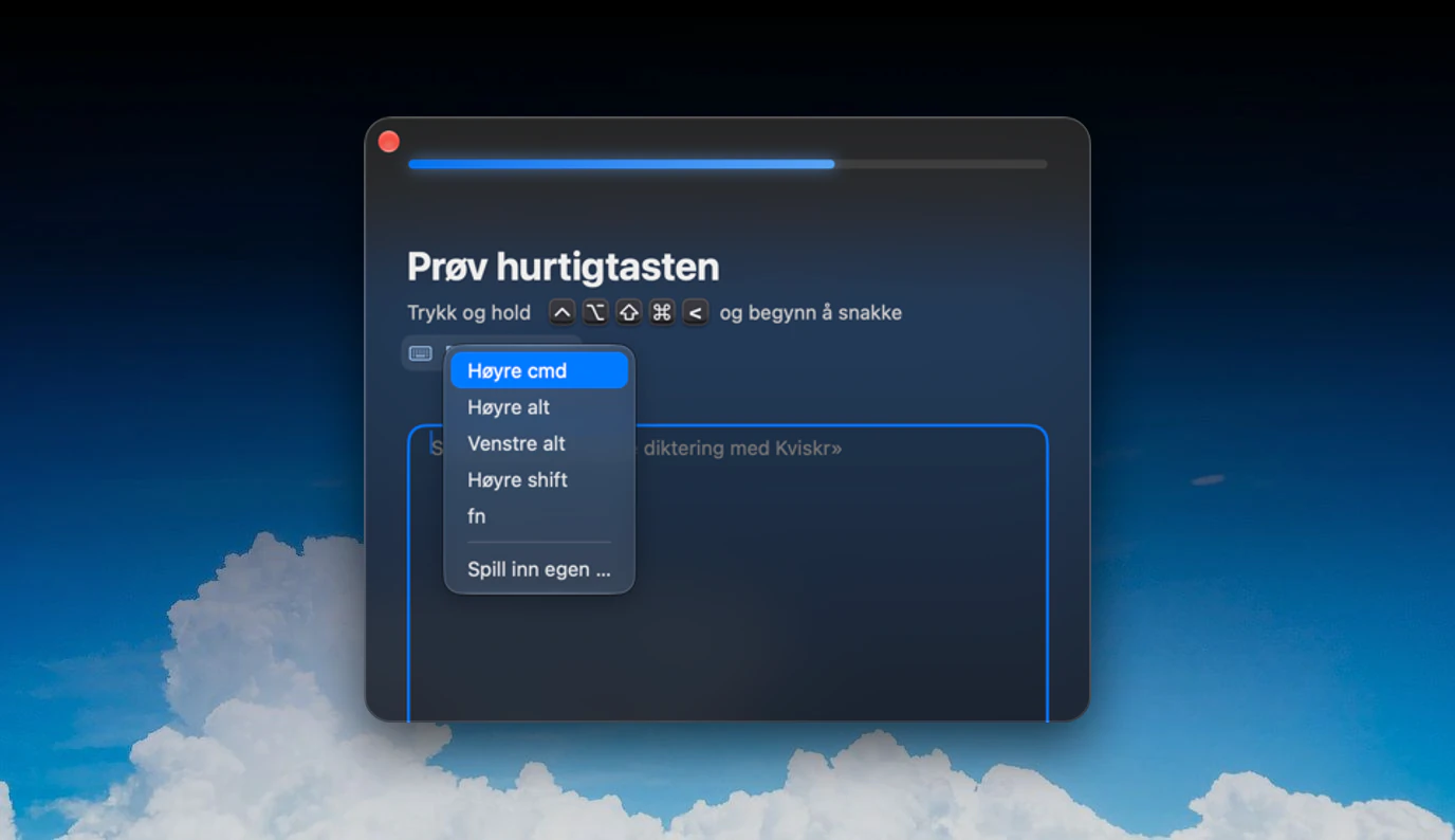 Steget «Prøv hurtigtasten» med menyen Bytt hurtigtast åpen: Høyre cmd, Høyre alt, Venstre alt, Høyre shift, fn og Spill inn egen.