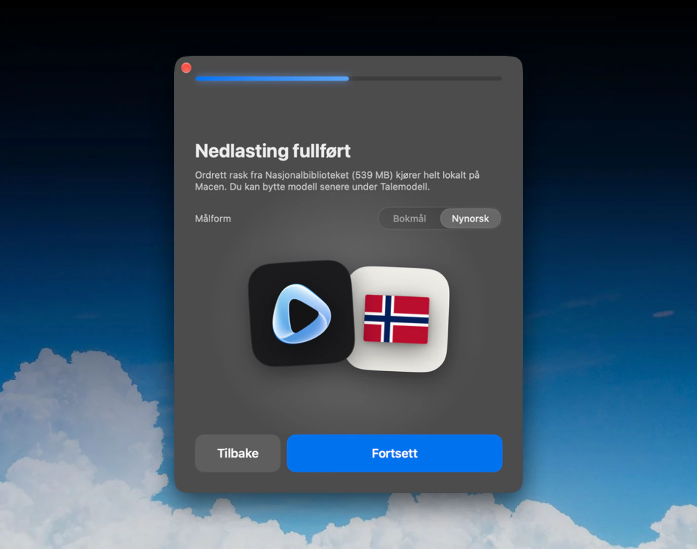 Steget «Nedlasting fullført»: Ordrett rask fra Nasjonalbiblioteket (539 MB) kjører helt lokalt på Macen. Under står Målform med valgene Bokmål og Nynorsk, og Nynorsk er valgt.